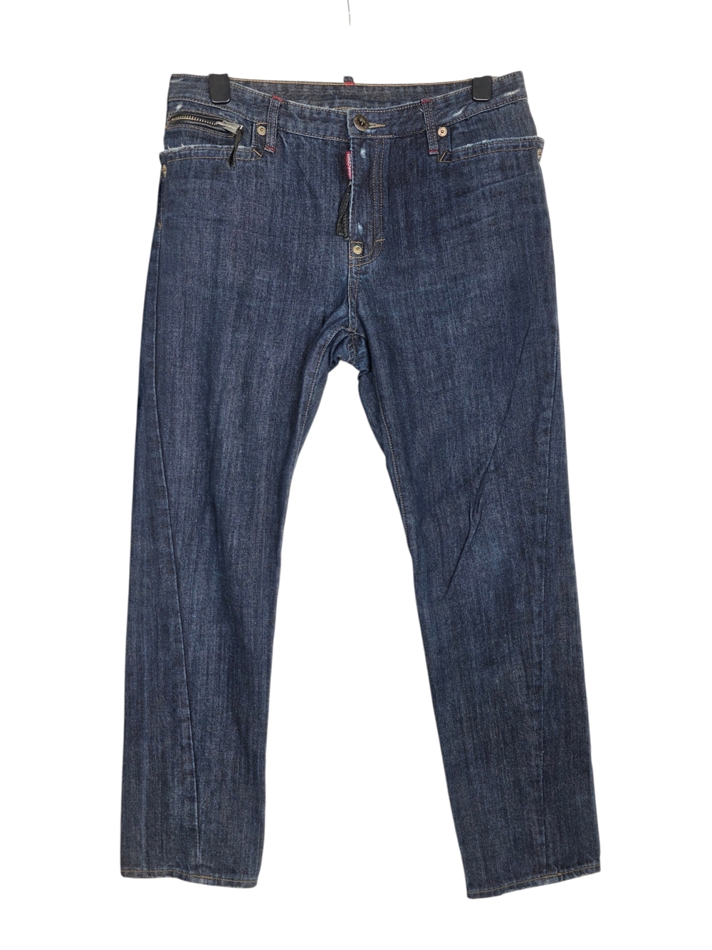 DSQUARED2 Distressed Straight leg Denim Jeans Red tartan plaid pocket w/leather